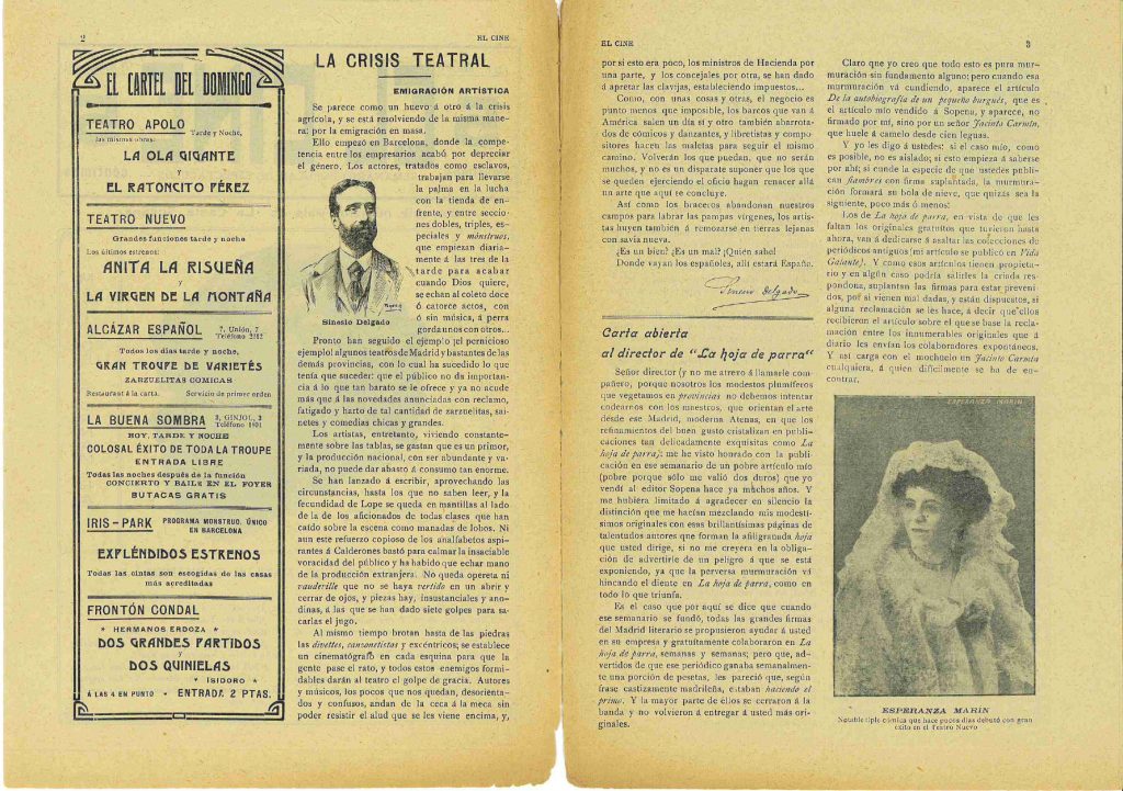 El Cine n°8, 1ère année, 24 février 1912 – Editorial sur les actualités théâtrales